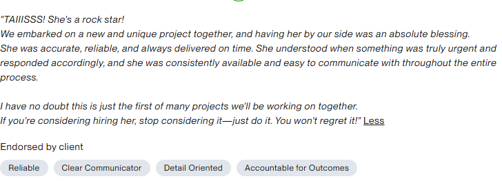 Avaliação de cliente na Upwork