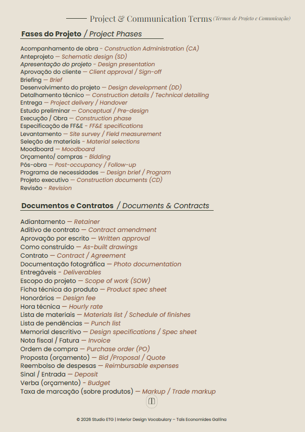 Página com termos de projeto, documentos e contratos