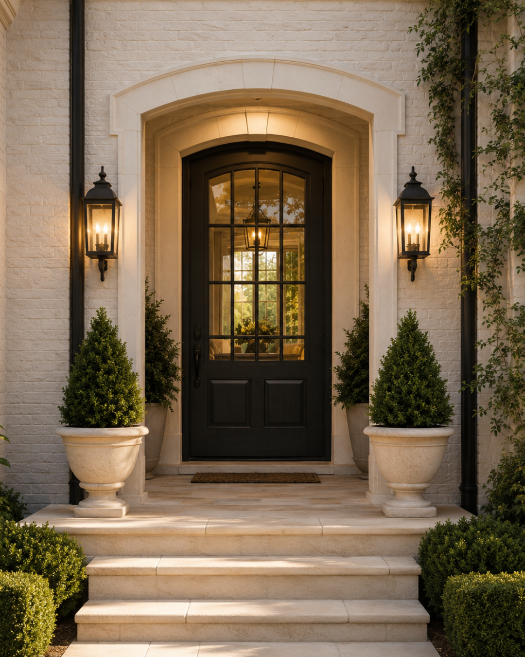 Entrada residencial com porta preta e iluminação clássica
