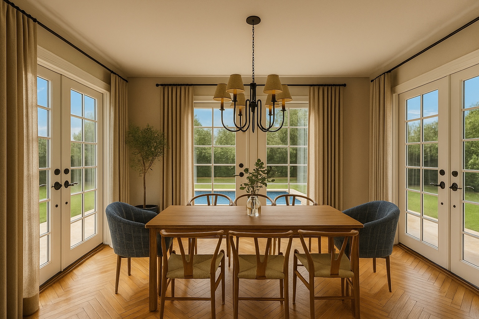 Sala de jantar com mesa de madeira, portas francesas e vista para a piscina